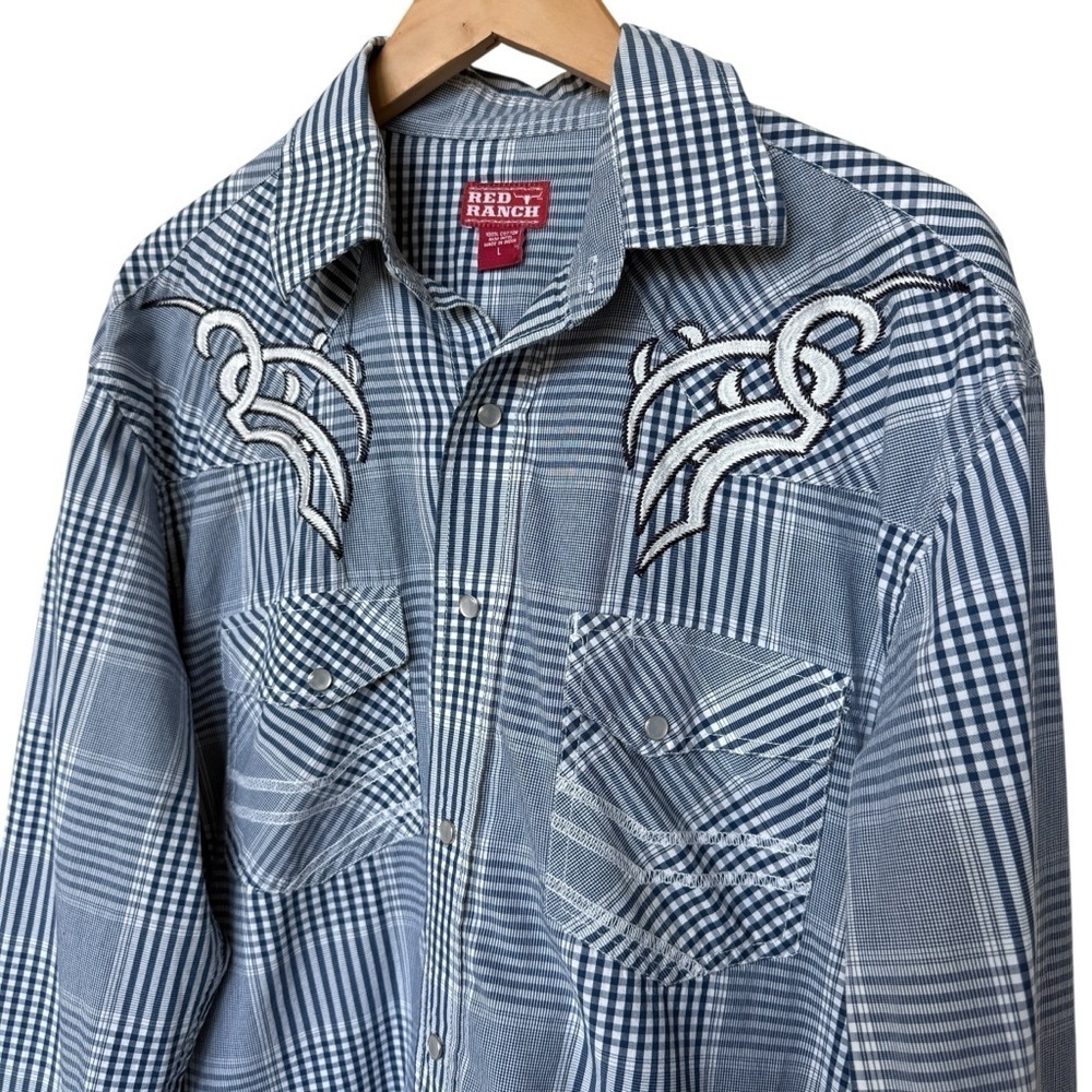 Red Ranch Men's Blue Check Western Pearl Snap Shirt L Long Sleeve Embroidered